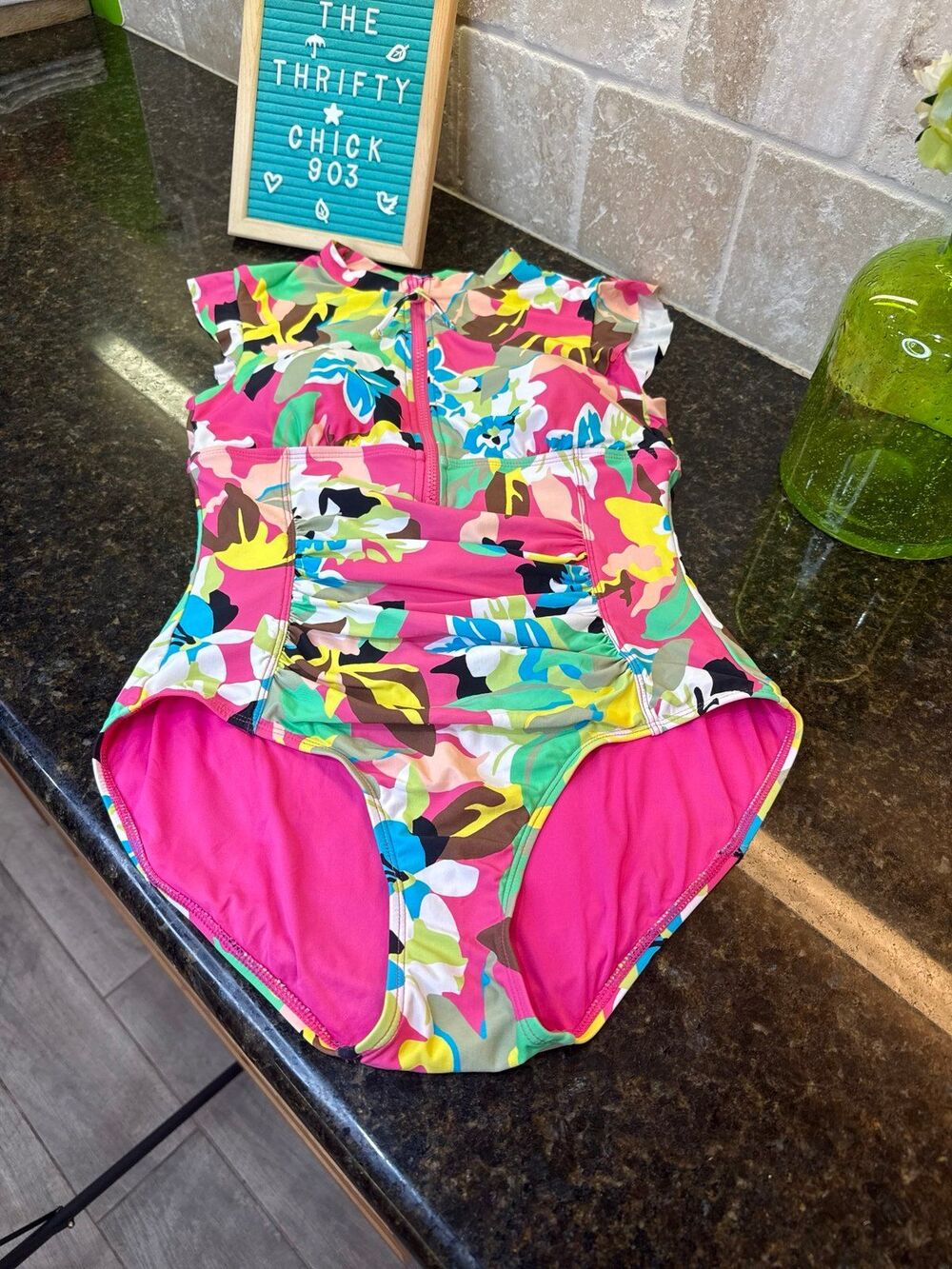 Anne Cole Flutter Sleeve Zip Front One Piece Swimsuit Tropical Floral Size 6